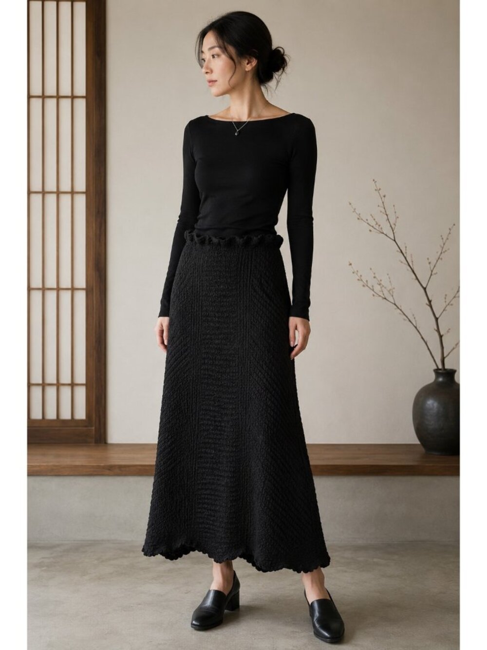 Yoshiki Hishinuma Black Crinkle Textured Maxi Skirt Size 2 Japanese Avant Garde